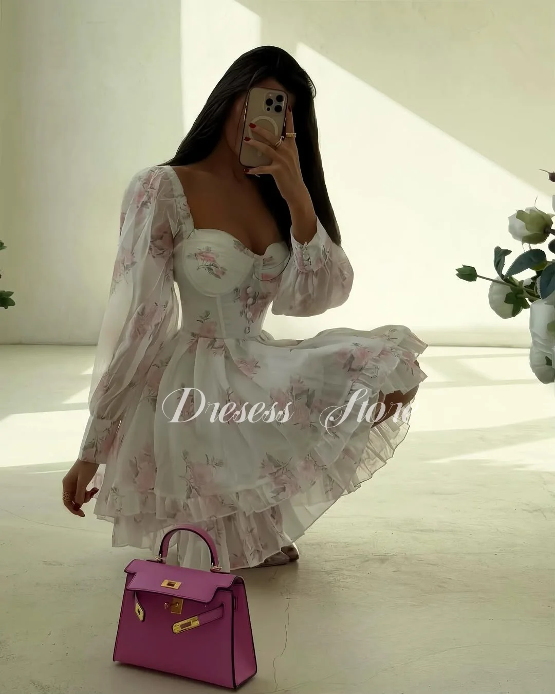 MD New Modern Pink Print Organza Mini Prom Gown Long Sleeve Sweetheart robes de cocktail Corset Birthday Dress Customized 2025