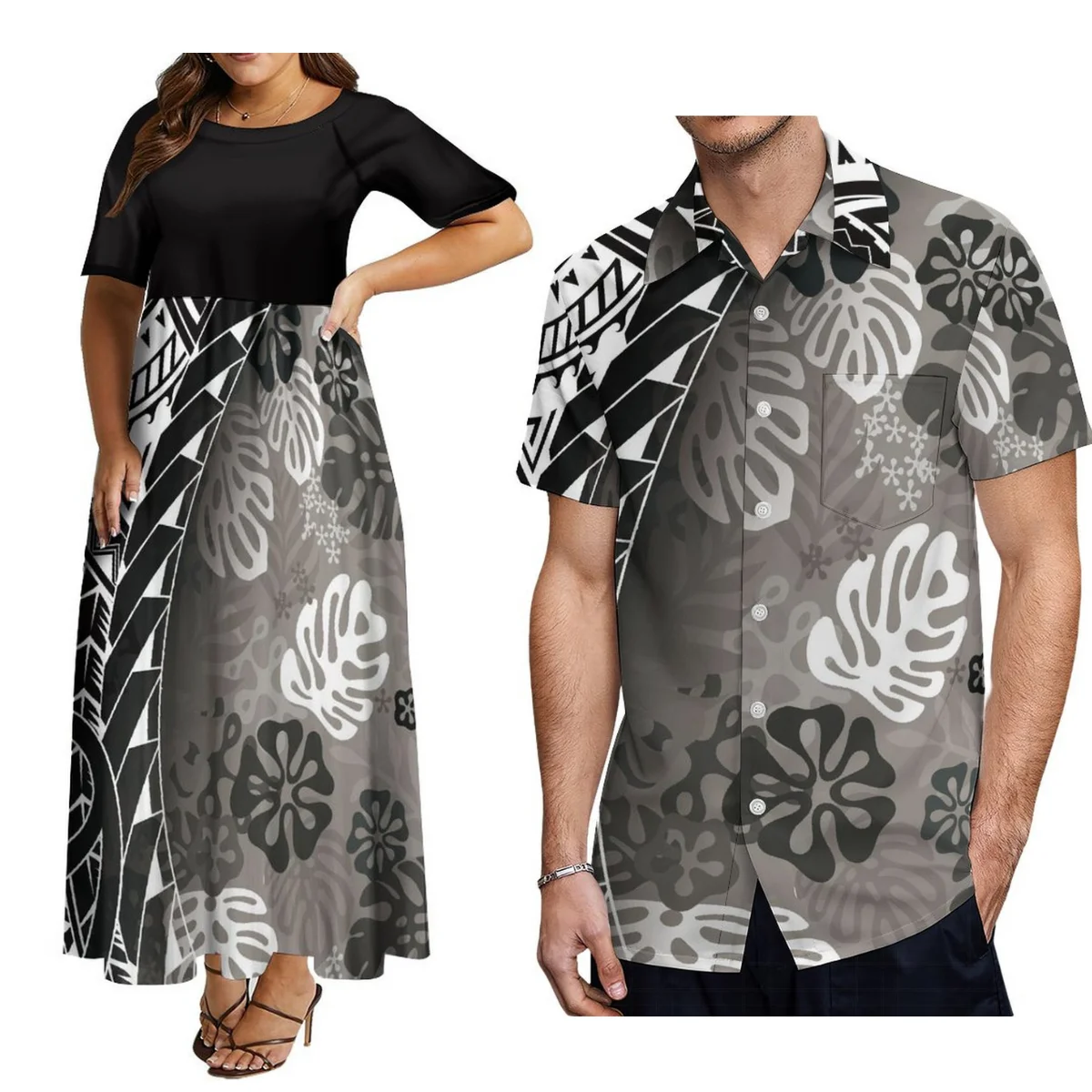 Popular Women\'S Crew Neck Dress Elegant Dress With Men\'S Aloha Shirt Polynesian Island Design Print Custom