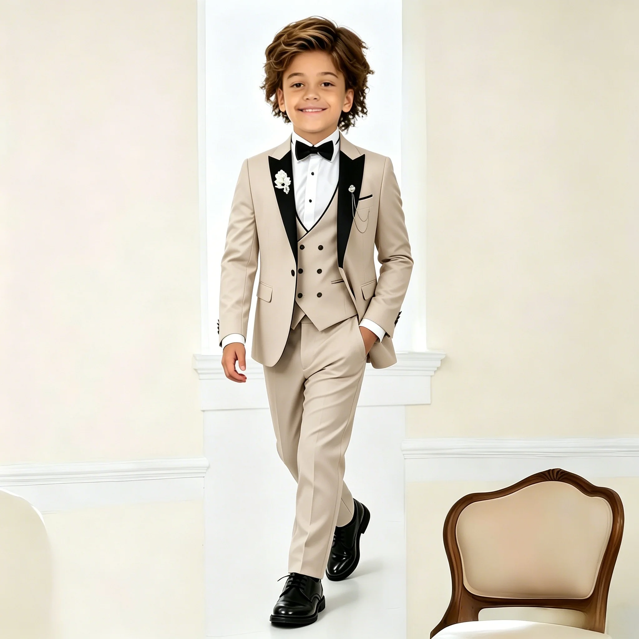 

Beige Boys Suit Jacket Vest Pants Set Peaked Lapel Blazer Wedding Tuxedos for Kids Party Stage Dress Child Formal Suit