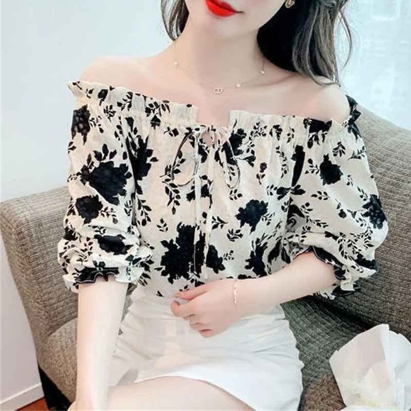 Women\'s Trendy Floral Print Lace Up Blouse 2024 Summer Sexy Off Shoulder Sweet Chic Shirt Female Casual Short Sleeve Loose Tops