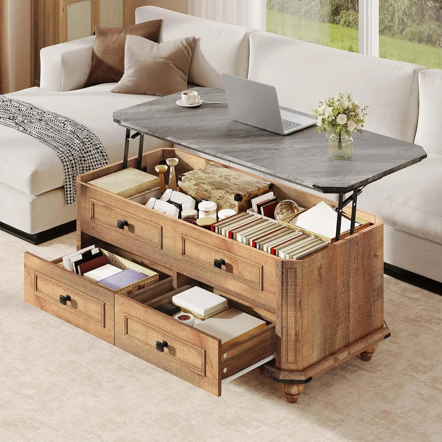 

31.5" Farmhouse Lift Top Coffee Table - Rustic Brown Wood Table with Large Hidden Compartment & 2 Drawers, Lift-Up Dining