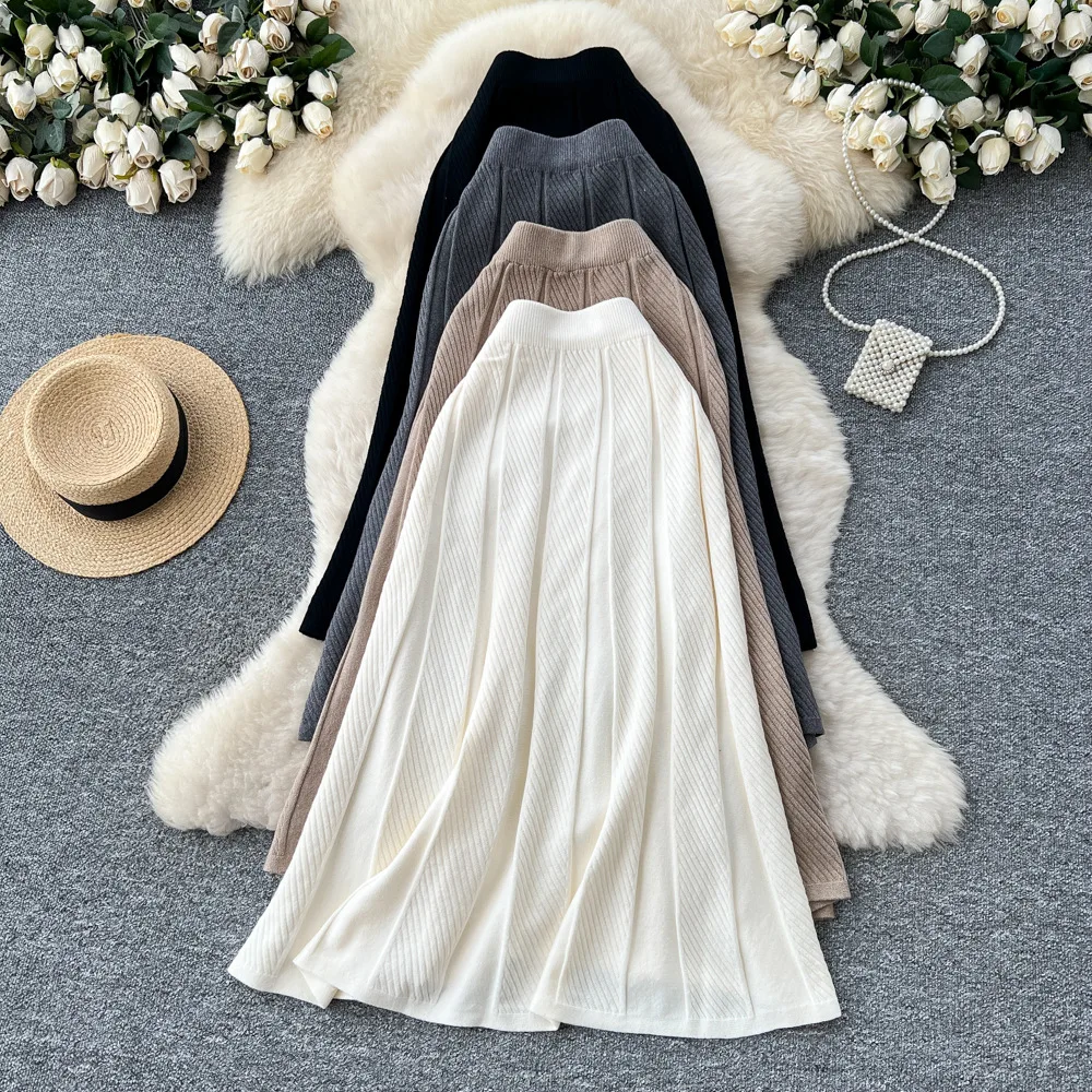 

Skirts Women Mid Length Skirt Knitted A Line Slim Fit Elegant Splice Y2k Streetwear Work High Waist Solid Casual Autumn Winter