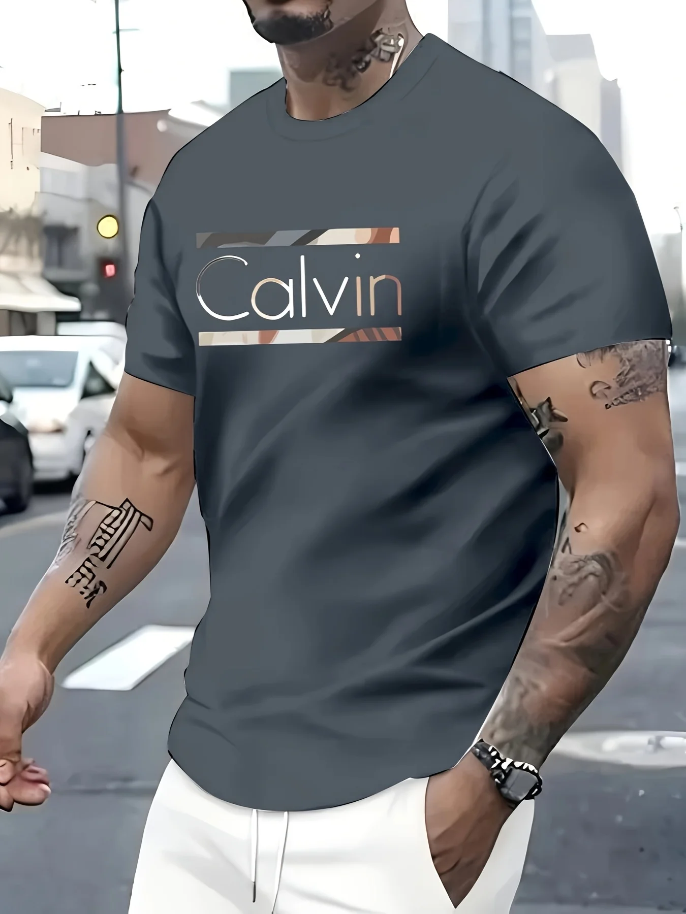 Camiseta de manga corta con cuello redondo y estampado de letras Calvin holgada deportiva informal a la moda de poliéster puro 100% de verano para hombre