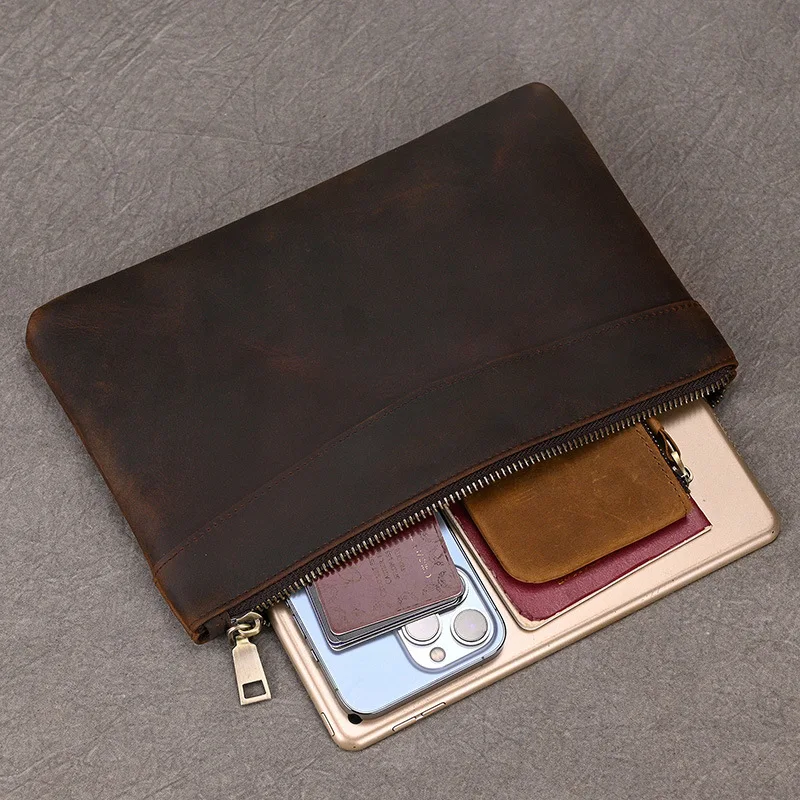 حقيبة يد مربعة خفيفة من جلد الحصان المجنون للرجال، محفظة طويلة ذات سعة كبيرة، حزام معصم مسطح للتخزين للأعمال القديمة #5