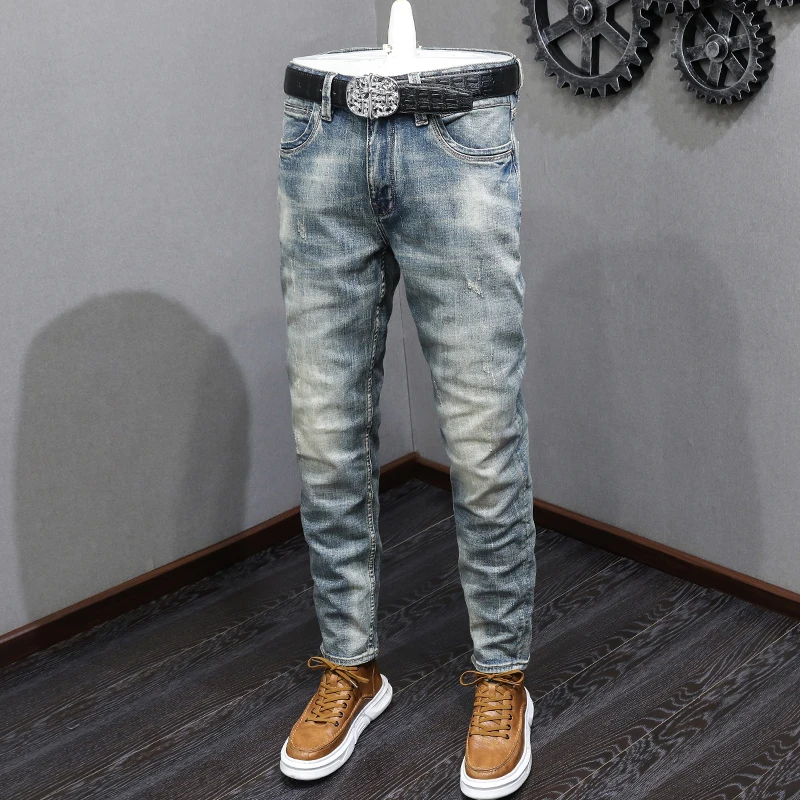 

Newly Designer Fashion Men Jeans Retro Blue Slim Fit Elastic Ripped Jeans Men Trousers Italian Style Vintage Denim Pants Hombre