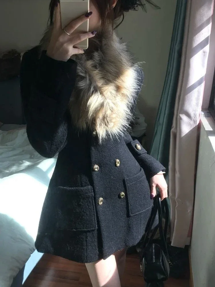 Subcultural Woolen Coat Women Y2k Japanese Women's Jackets Black Fur Tops Mujer Chaqueta Mujer Goth Autumn Kawaii Sweet