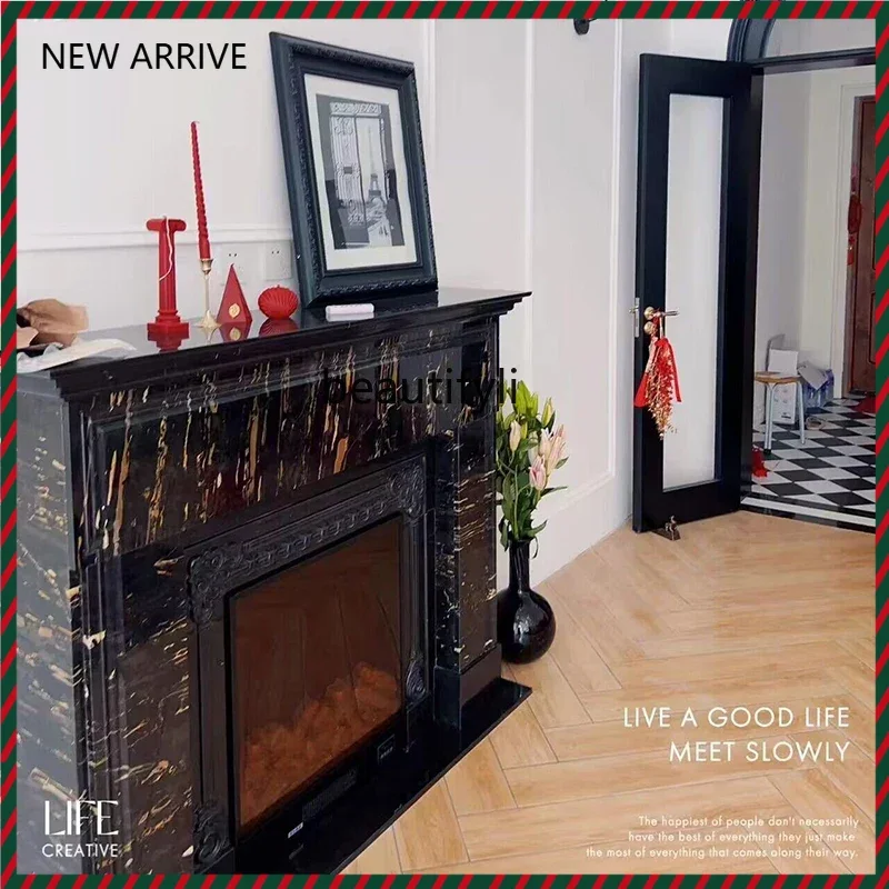

KK32 Marble fireplace French fireplace black gold flower black stone retro simple American fireplace