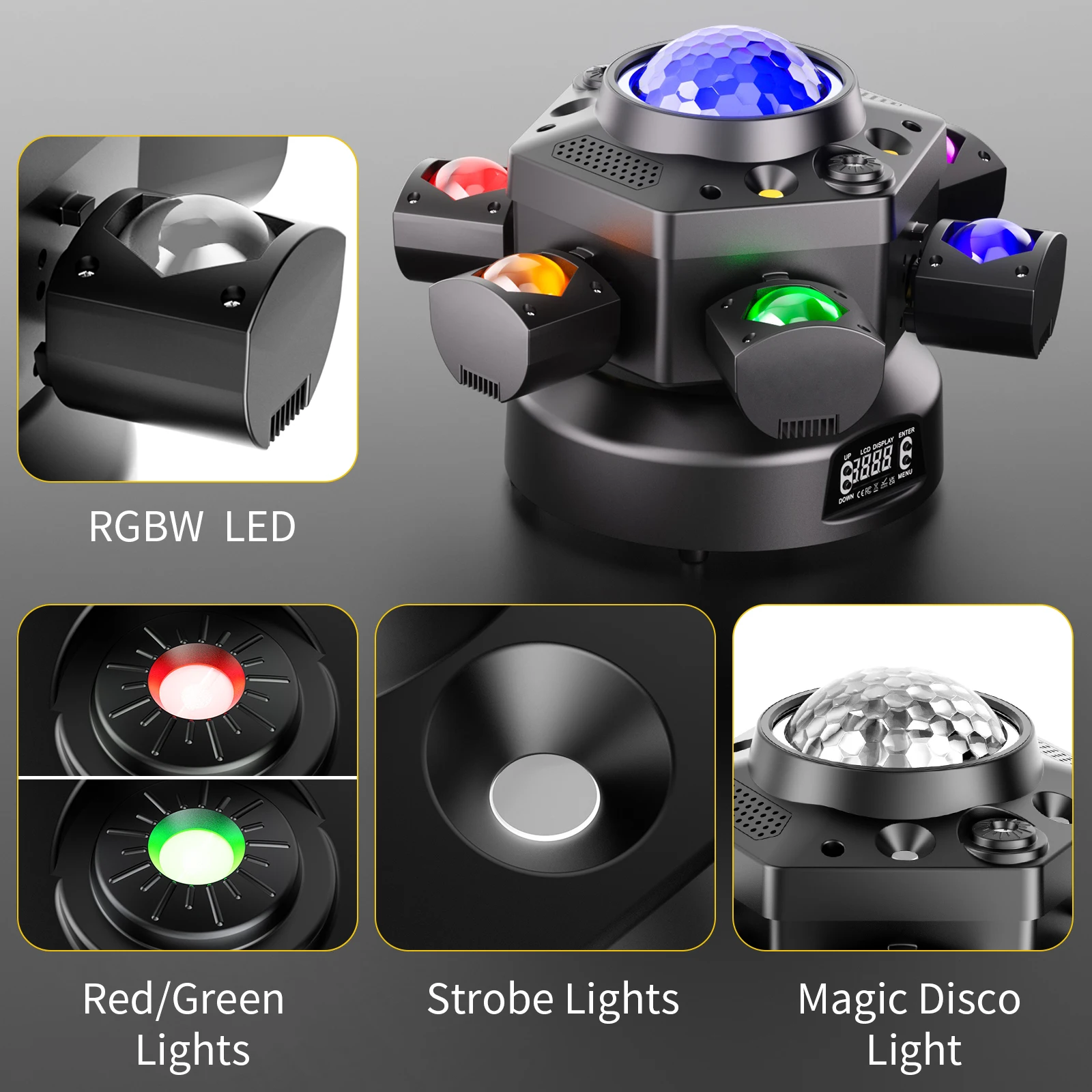 Fieryzeal 120W Six-armed Stage Light DMX512 DJ Disco Light RGBW 4in1 Strobe Moving Head Light Magic Ball Rotating Effect Light