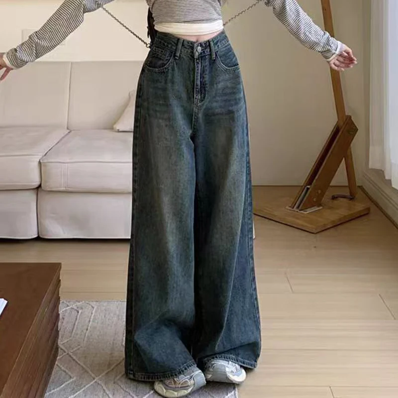 

Highstreet Style Blue Straight Jeans Women 2025 Spring Autumn Causal Baggy Wide Leg Jeans for Woman Button Up Trousers Female