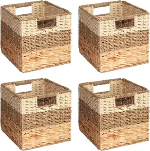 4 Pack Woven Storage Baskets with Handles, 3 Pattern Design, Natural Rattan Organizer Bin for Shelves, 10.5x10.5x10.5 inch