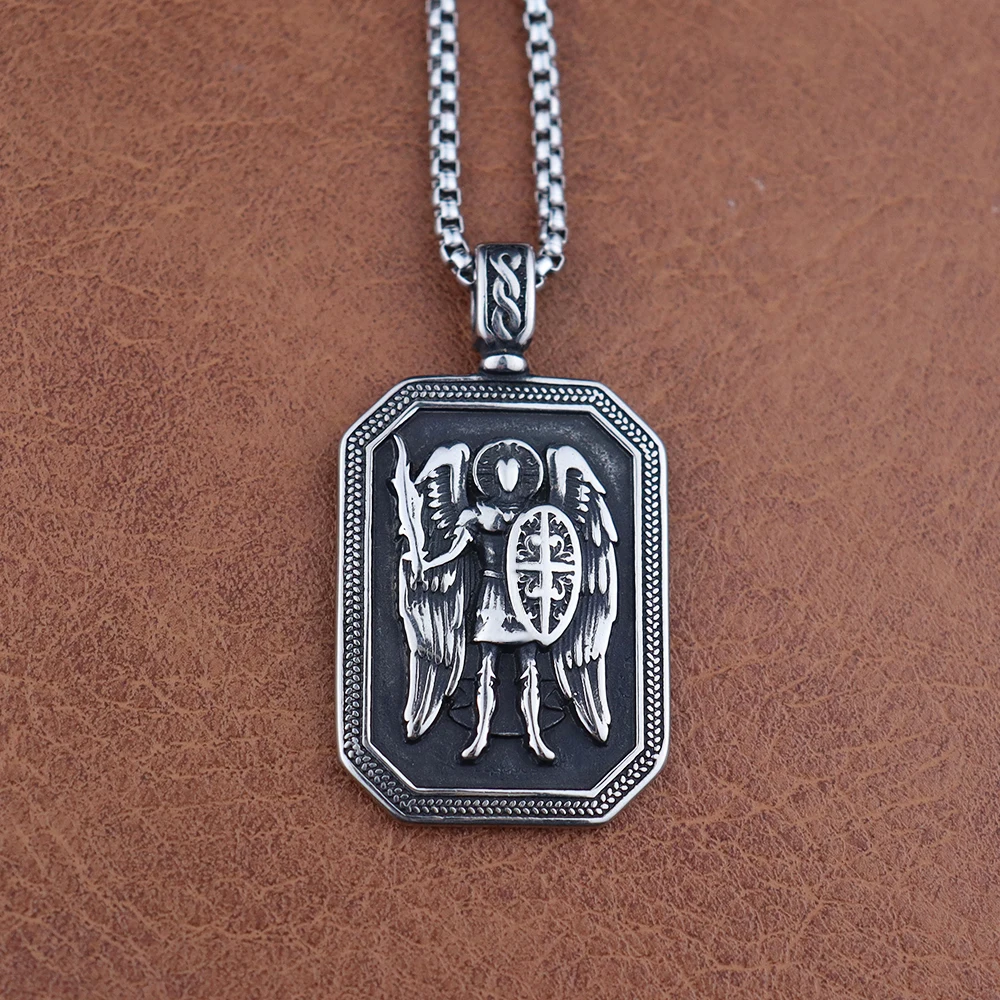 

Creative Angel Saint Michael Pendant Stainless Steel Vintage Men Angel Knight Shield Necklaces Amulet Classic Jewelry Wholesale