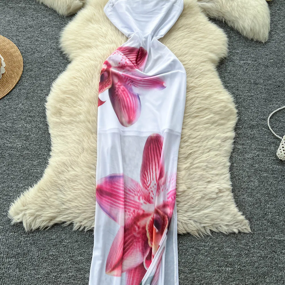 Chic vintage Diagonal collar print sleeveless slim Elegant Fairy korean fashion Boho Sundress women clothing Long dress