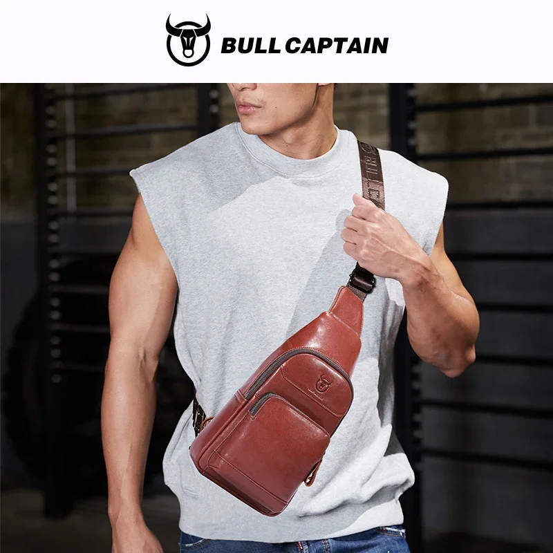 BULLCAPTAIN-Sac à bandoulière en cuir véritable pour homme, sac de poitrine multifonctionnel, cuir de vachette décontracté, initié rétro, téléphone portable, 7 po