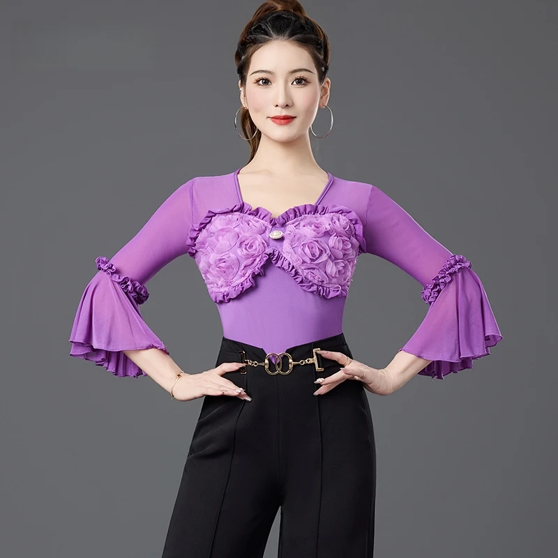 

Women's Latin Dance Dress Long Sleeves Jumpsuit Top Ballroom Dance Dress Cha Samba Rumba Competition Clothes Practice Customes