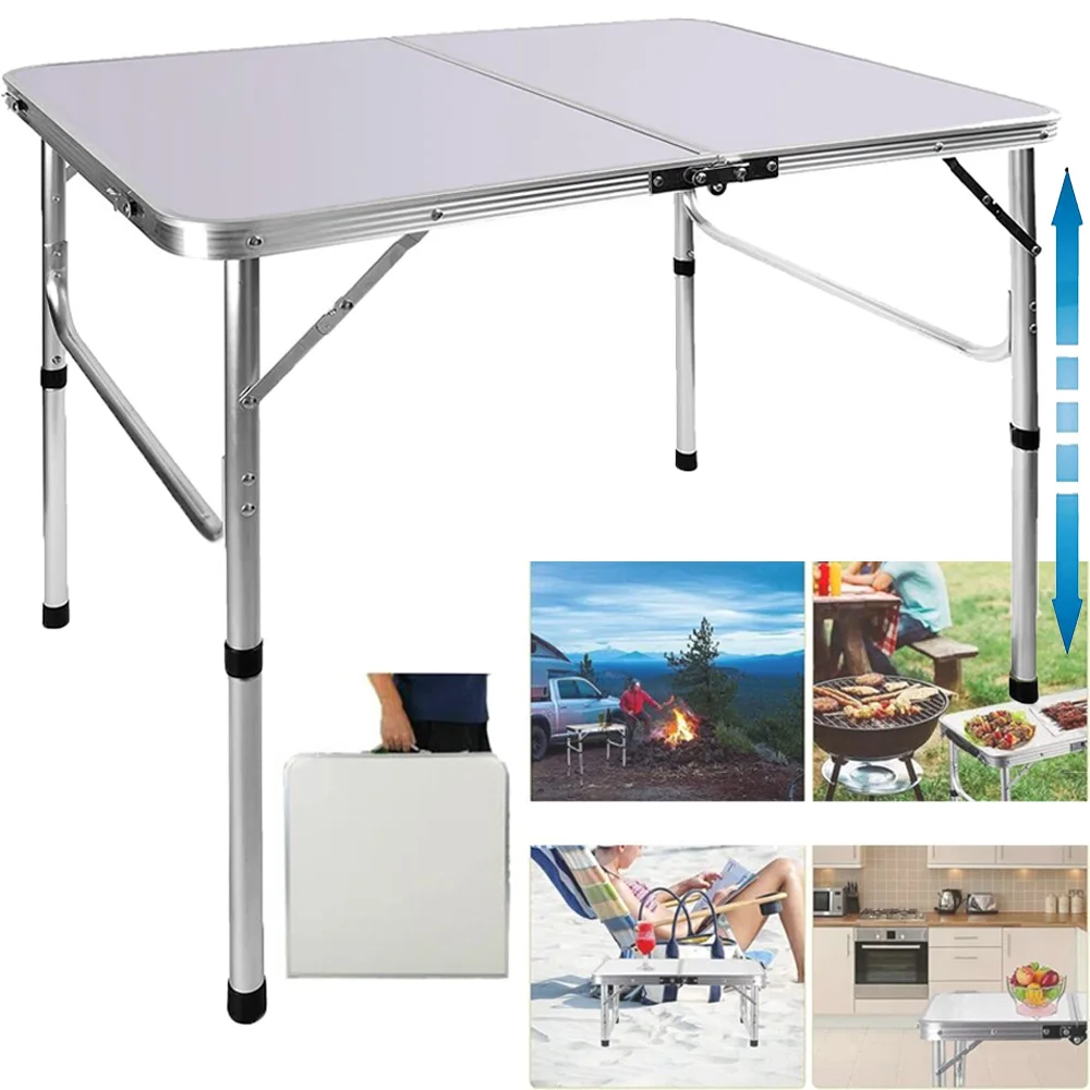 Picnic Folding Tables, 3ft Heavy Duty Aluminium Foldable Portable Adjustable Height Lightweight for Camping BBQ, 90x60x37/67cm