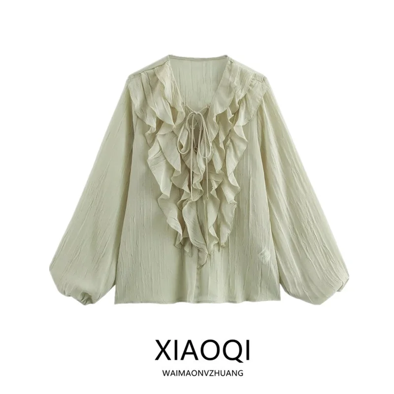 

Spring 2025 Women's Long Sve V-Ne Layered Decorative irt Transparent Faion New Arrival Loose Fit Regular Length