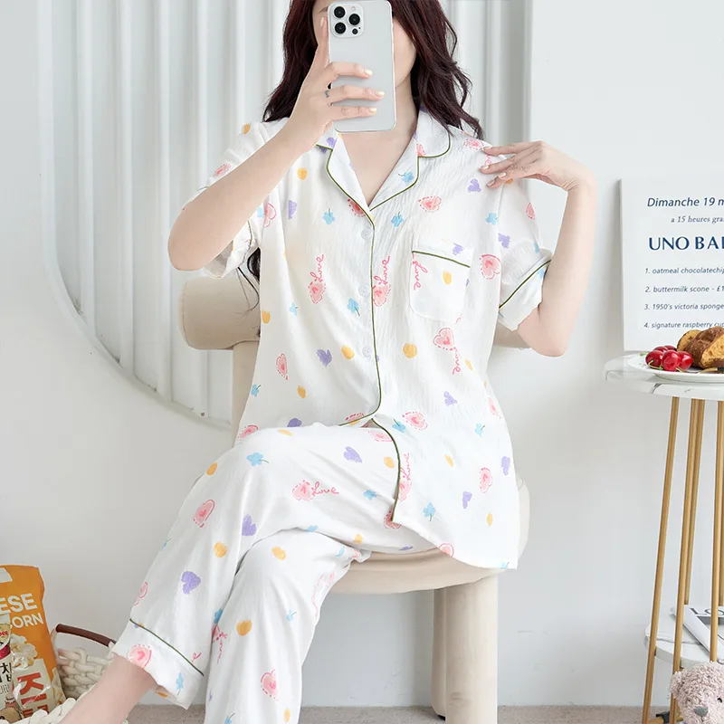 Summer Room Wear Women Pajamas Printed Sleep Lounge Short Sleeve Sleepwear Trousers Suit Cotton Ladies Nightwear Home Clothes