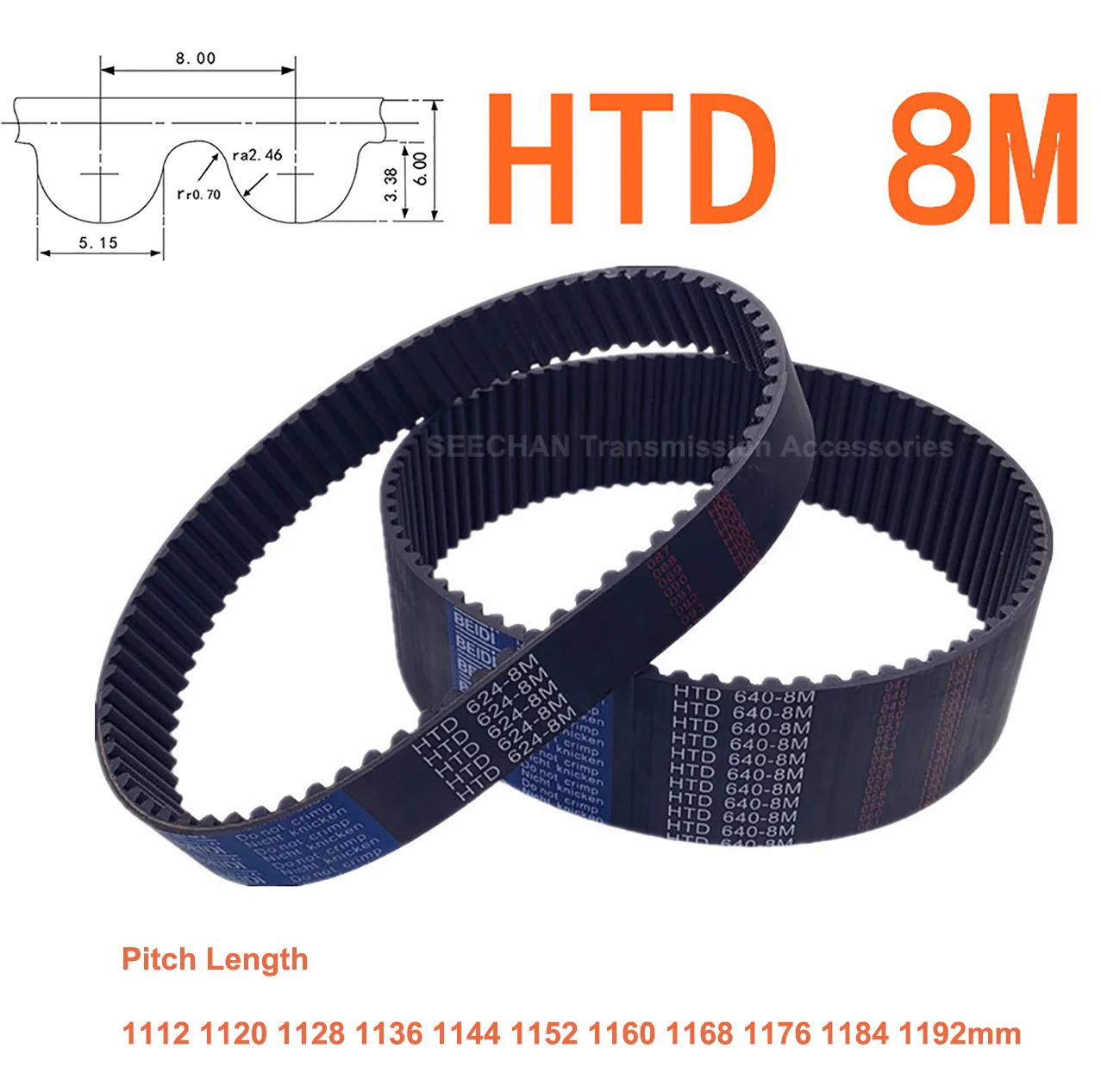 HTD 8M Rubber Closed Synchronous Timing Belt Width 15 20 25mm Perimeter 1112 1120 1128 1136 1144 1152 1160 1168 1176 1184 1192mm