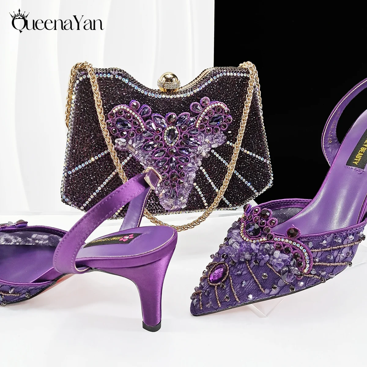 

Queena Yan New Arrival Purple Color Rhinestone Decoration Design Party Wedding Lady Pointed Toe High Heels and Bag Set