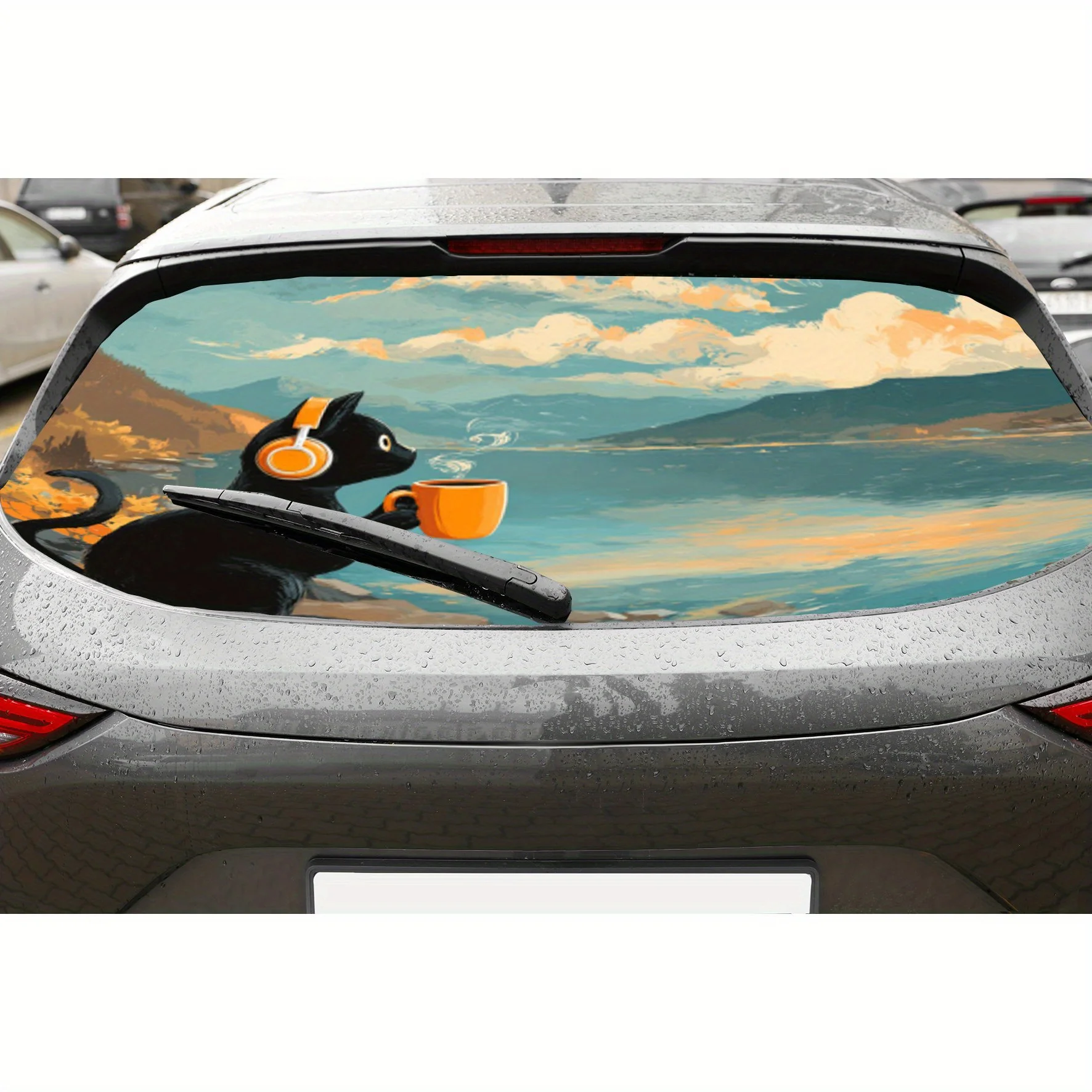 

Cat drinking coffee PVC material self-adhesive waterproof car rear window sticker, easy to paste without falling off, waterproof