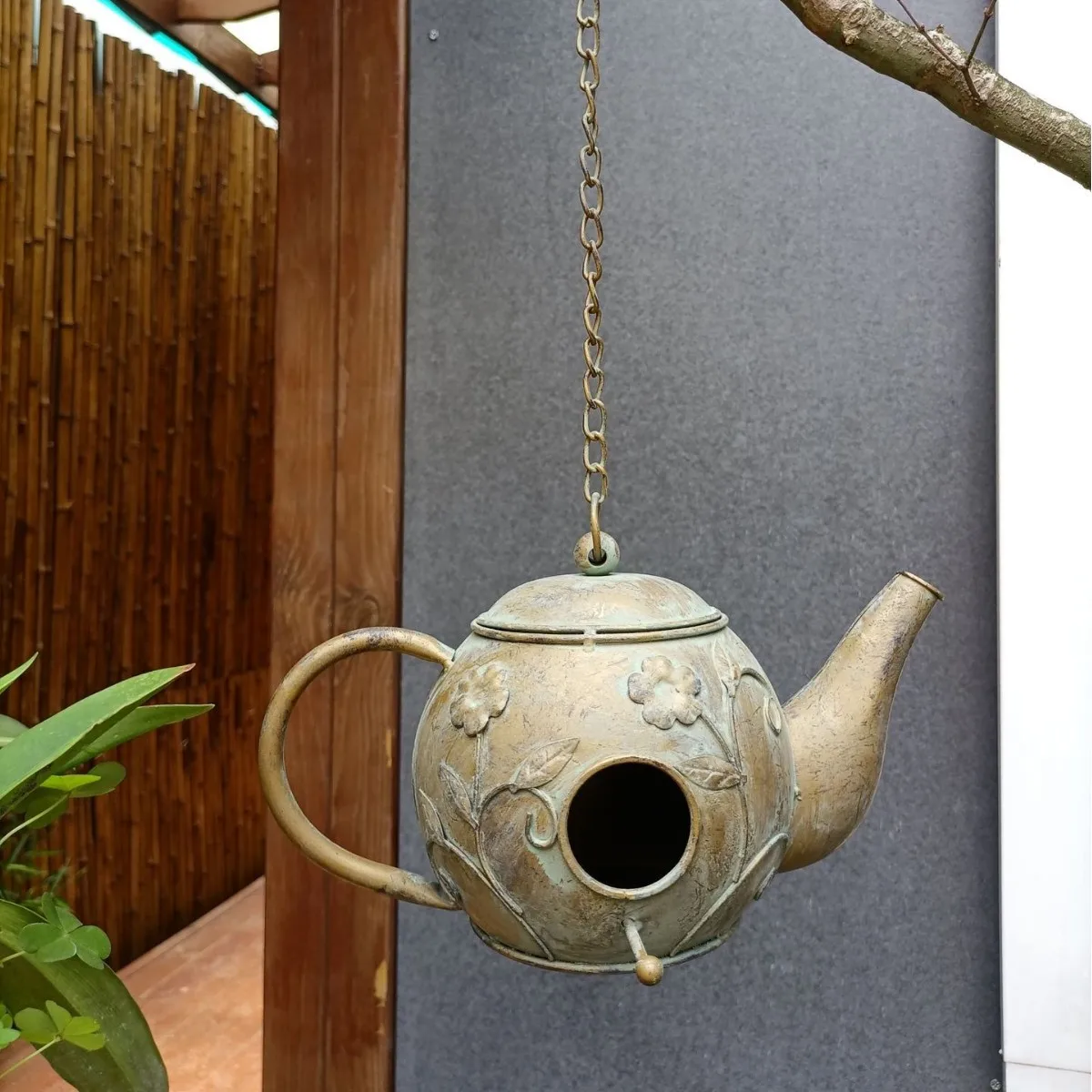 Bronze Teapot Birdhouse, Hanging Garden Bird Feeder, Vintage Outdoor Decor