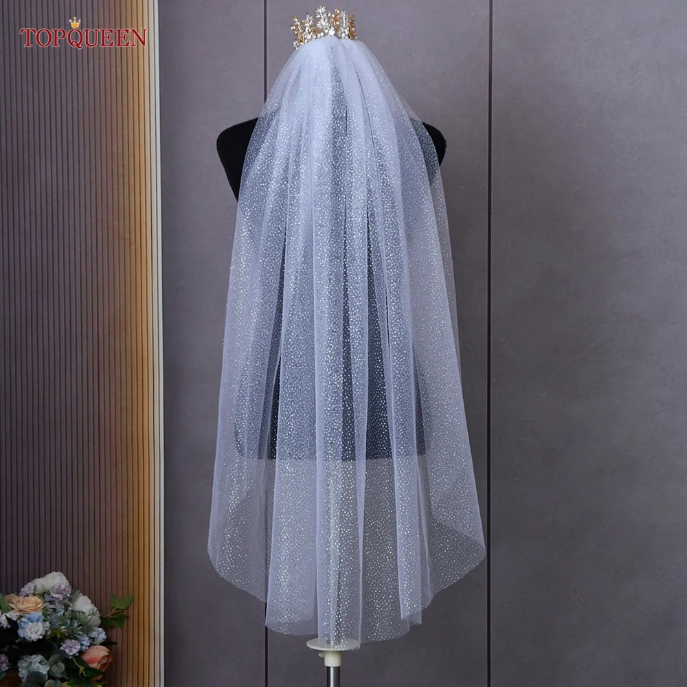 TOPQUEEN V101 Champagner-Glitzer-Hochzeitsschleier, goldener, funkelnder Brautschleier, 1-stufiger Kathedralenlanger Schleier, glitzerndes Braut-Accessoire – Detail 12