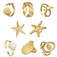 Freeteeme Ocean Element Ring for Women Men Stainless Steel Gold Color Starfish Shell Open Rings Sea Series Jewelry Couple Gift