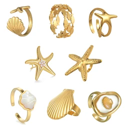 Freeteeme Ocean Element Ring for Women Men Stainless Steel Gold Color Starfish Shell Open Rings Sea Series Jewelry Couple Gift