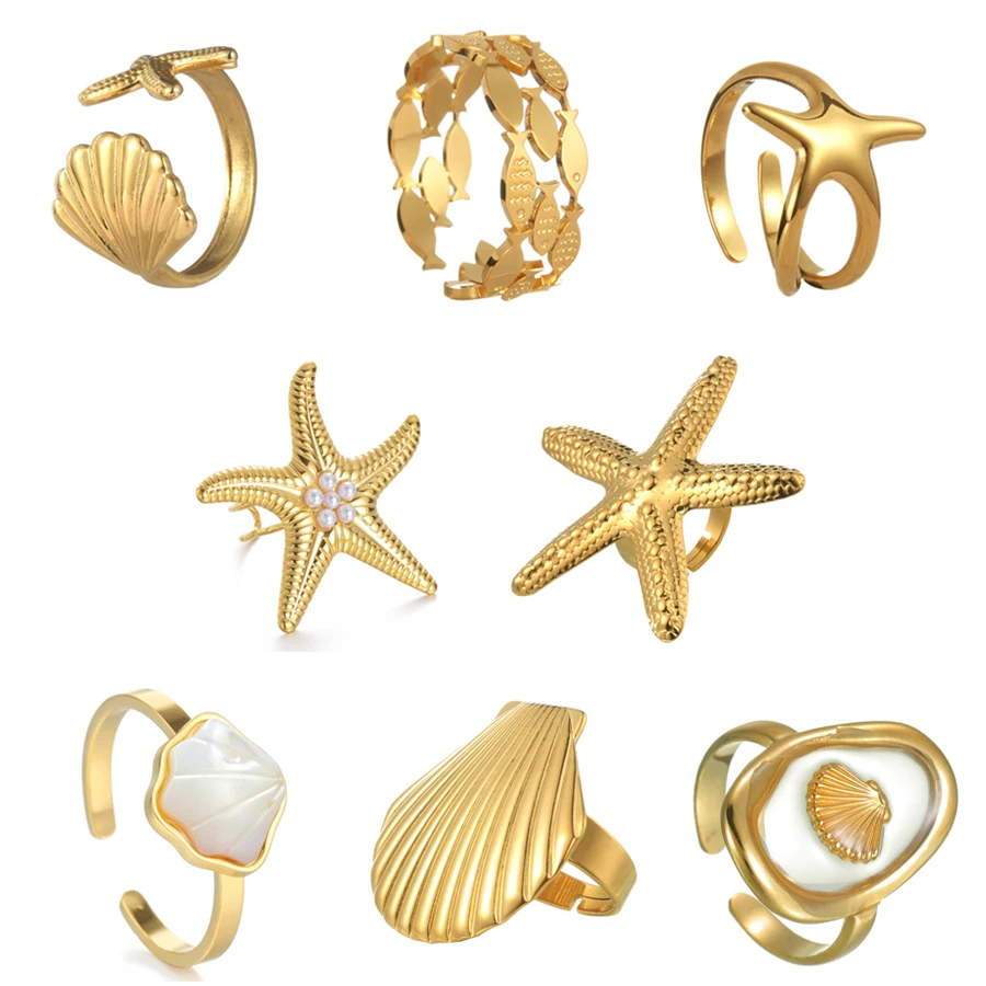 Freeteeme Ocean Element Ring for Women Men Stainless Steel Gold Color Starfish Shell Open Rings Sea Series Jewelry Couple Gift