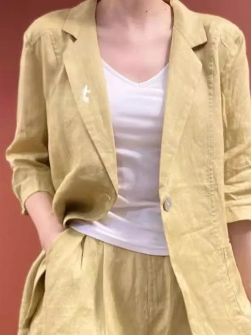 면 린넨 슈트 자켓 슬림 와이드 레그 팬츠 투피스 세트 캐주얼 얇은 여름 패션 여성복