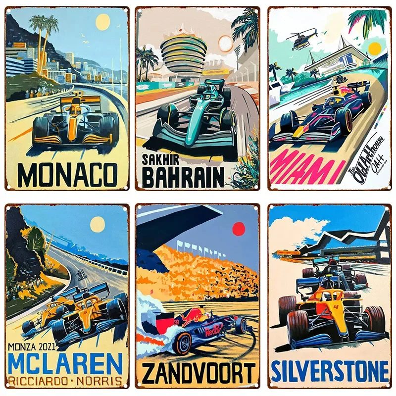 Affiche en métal de voiture de course d'interconnexion de bande dessinée de ville de néon vintage F1, plaque infectieuse d'art de mur de signe, décoration esthétique de Hursport, 18