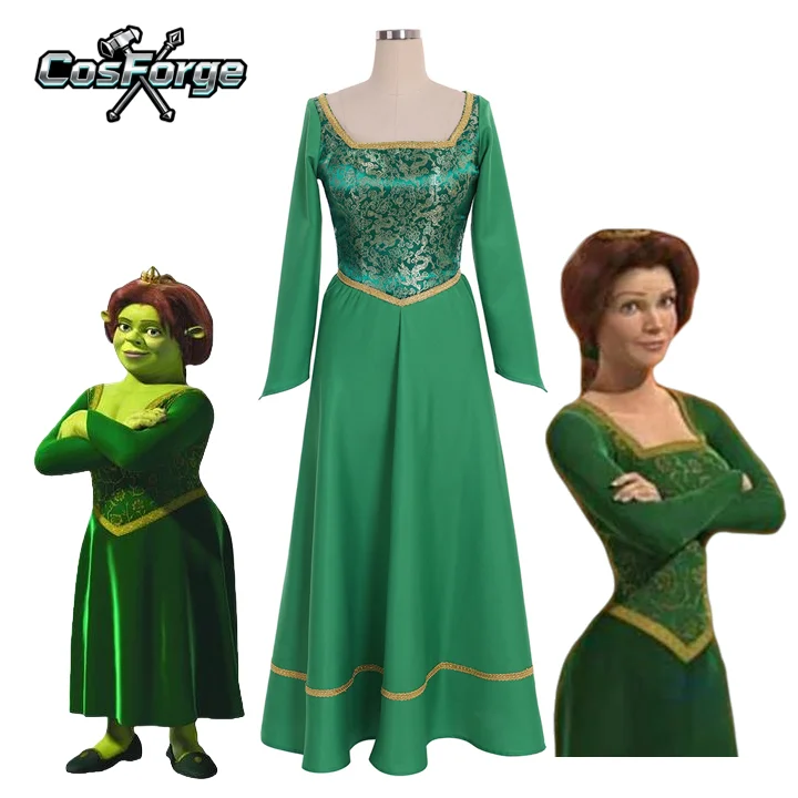 Shrek Cosplay Costumes Princess Fiona Printing Dress Women Sexy Clothes Neck Long Sleeve Dress Halloween Carnival Party Suit