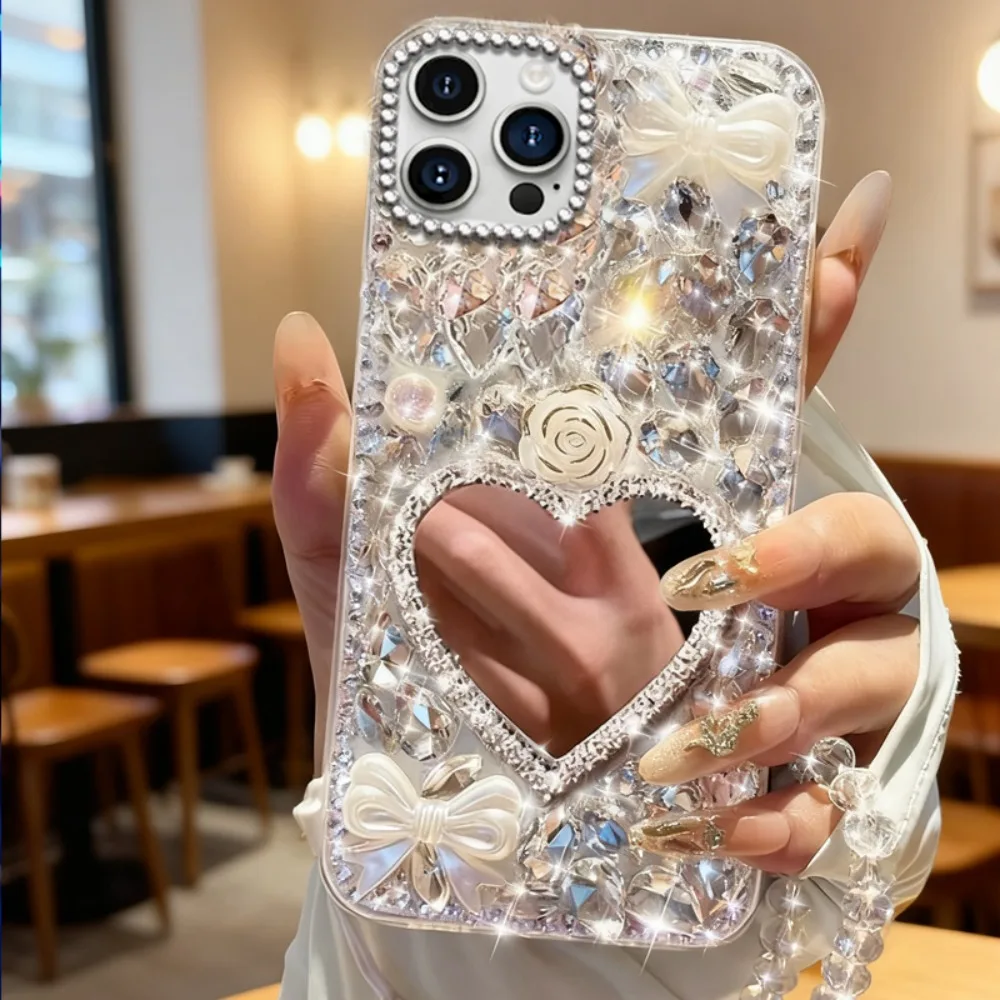 Luxuriöse Diamant-Strass-Liebes-Spiegel-Make-up-Handyhülle für iPhone 18 17 Pro Max 11 12 13 14 15 16 Pro Max mit Kristall-Lanyard – Detail 1