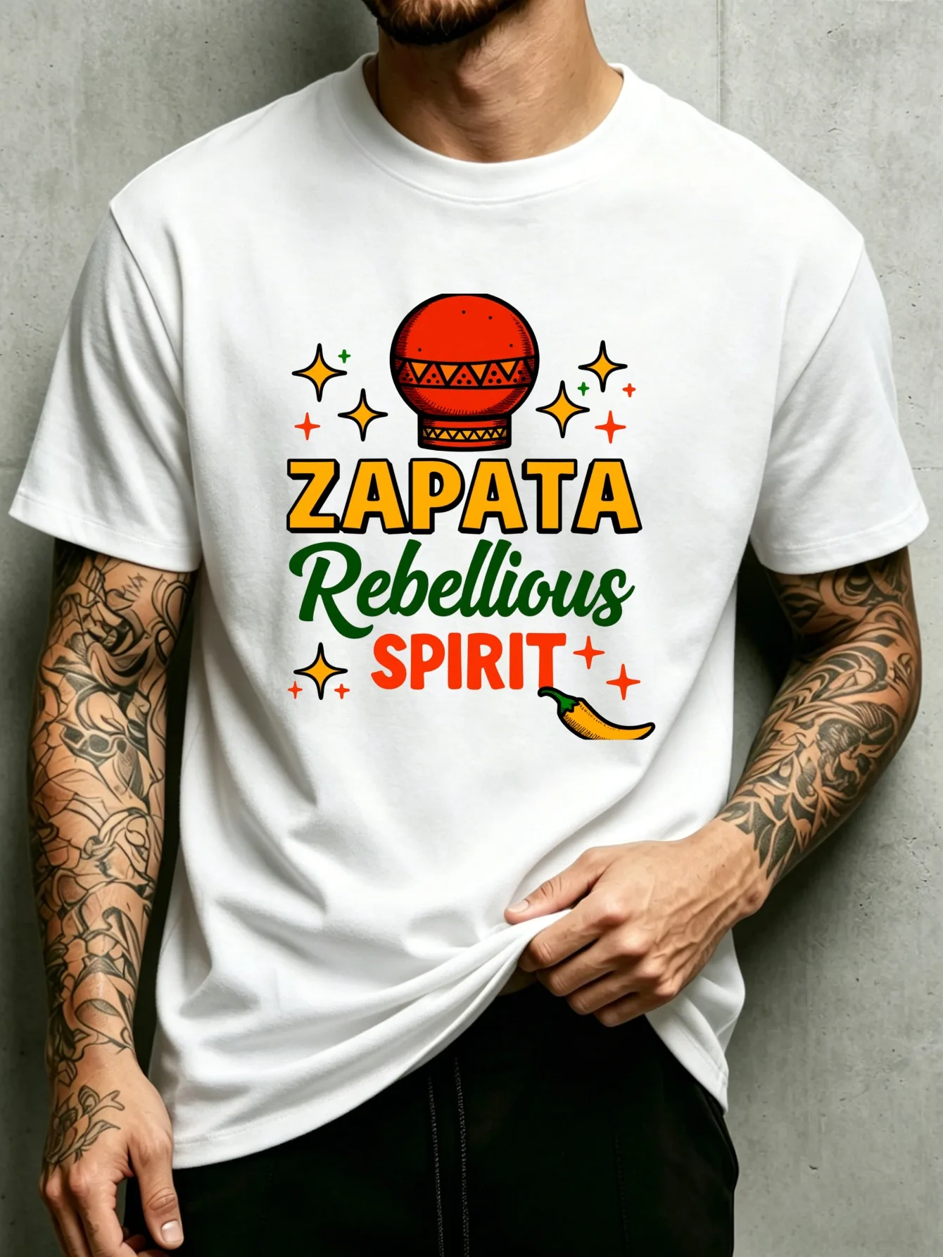 Men's Round-Neck T-Shirt with Mexican Style Design, Loose Fit, Fashionable and Versatile, Made from Soft and Comfortable Fabric, Suitable for Everyday Wear and as a Holiday Gift, with a Zapatista Rebellious Spirit Theme, Combining Traditional Patterns and Chili Pepper Motifs, Perfect for Summer