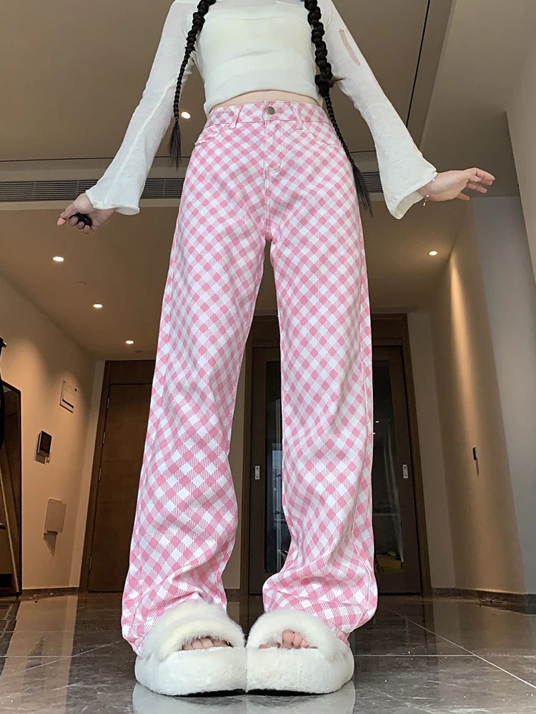 Jmprs Women Pink Plaid Pant High Waist Loose Vintage Korean Wide Leg Trousers Casual Pockets Sweet Female Retro Summer Pants New