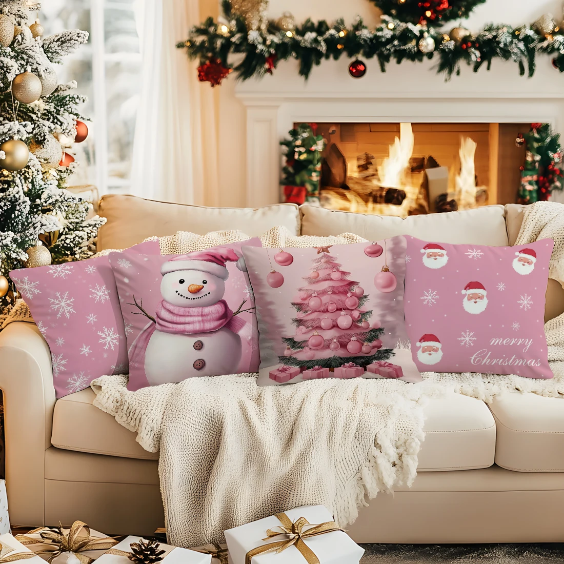 

Pink Christmas snowflakes Cushions Pillowcase Polyester Cushion Cover Throw Pillow Sofa Decoration Pillowcover Home Decor