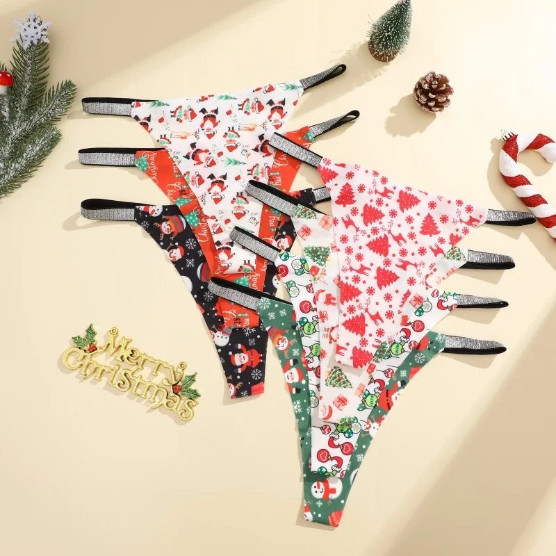 New 4Pcs Christmas Print Underwear Breathable Shiny Belt Thong Women Skin-friendly Fashionable Casual Christmas Gifts