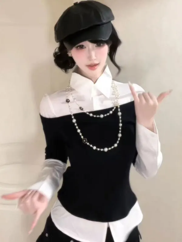 

Рубашка в корейском стиле Slim Fit с эффектом двухслойности, с длинным рукавом, повседневный топ для женщин, модный тренд весна-лето-осень