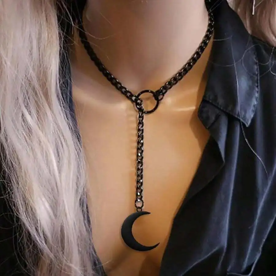 

Black Gothic Moon Pendant Choker Necklace For Women Punk Style Chunky Chain Jewelry