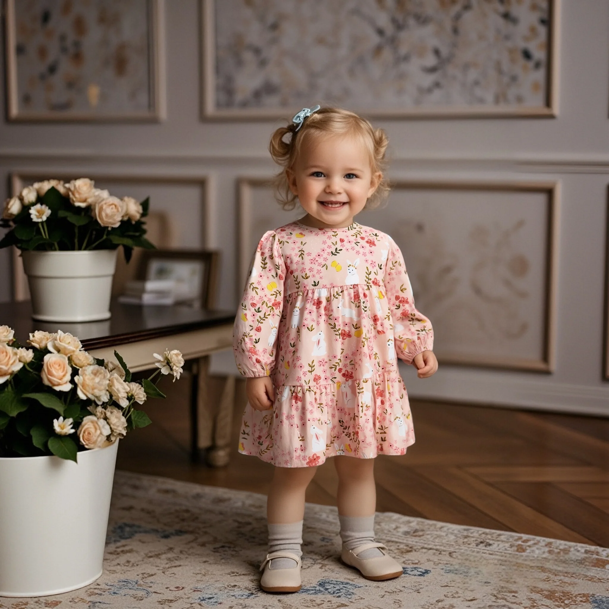 

Spring And Autumn New Baby Girl Clothes Full Of Sweet Printed Skirts Cute Cartoon Rabbit Casual Dress