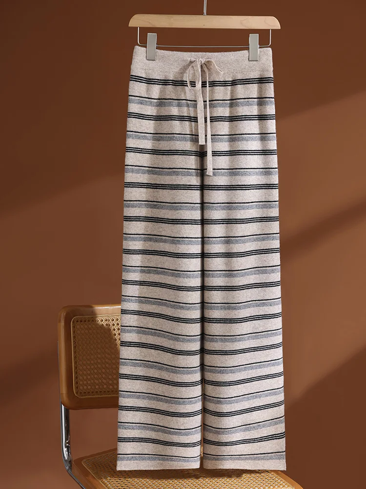 

TLOML New Women 100% Merino Wool Wide Leg Striped Pants Autumn Winter Thick Soft Warm Cashmere Casual Drawstring Comfy Trousers