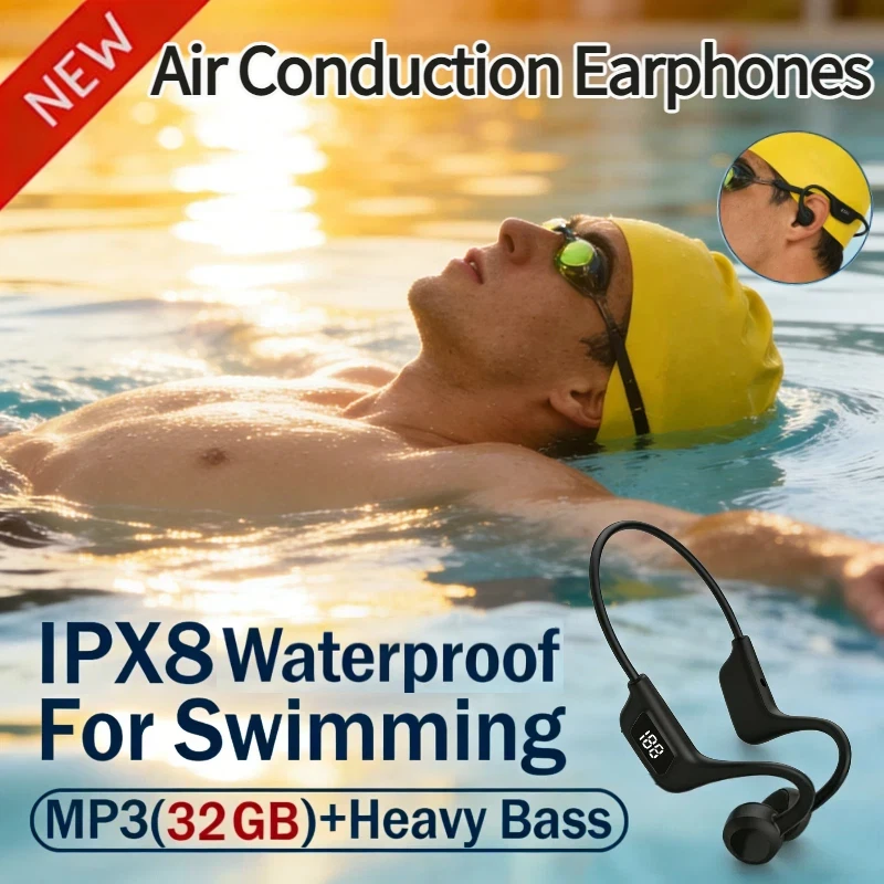 IPX8 Air Conduction Bluetooth Headphones with TF Card Slot Digital Display Waterproof Sports Earhooks for Swimming Running Gym — product photo 1 of 1