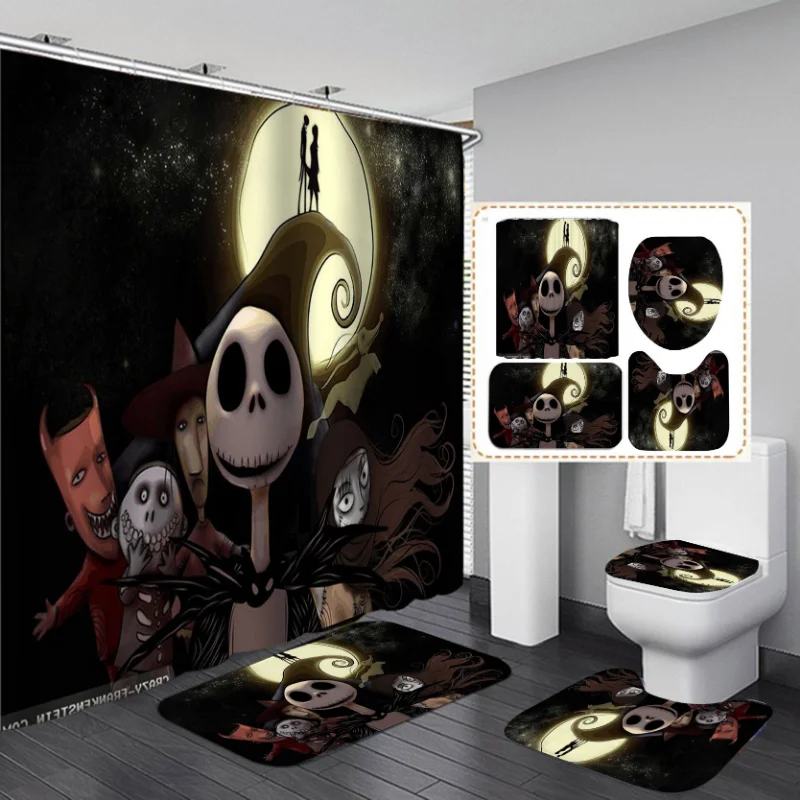 4pcs Nightmare Before Christmas Zombie Bride Jack Waterproof Shower Curtain Bathroom Halloween Decor Halloween Accessories Gift