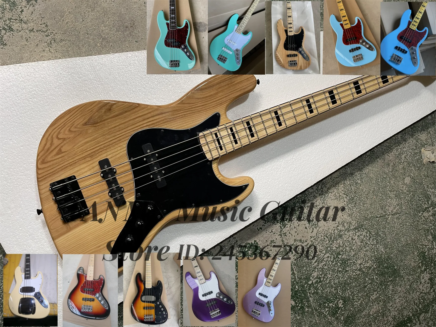 4 strings Natural guitar, black fixed bass bridge,ASH wood body, maple neck, black guard, customizable