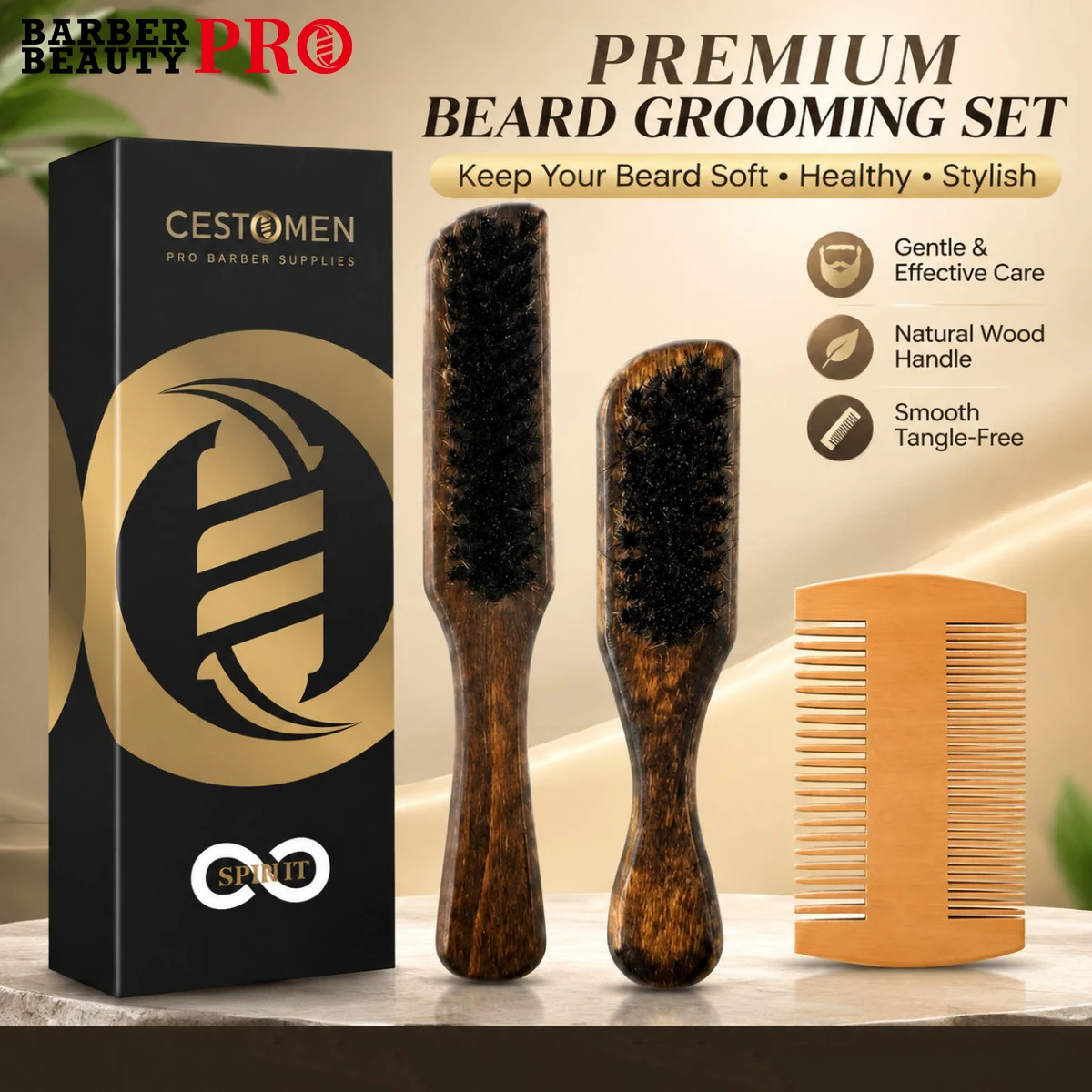 2Pcs Boar Bristle Beard Brush Set Wooden Beard Grooming Kit with Double‑Sided Beard Comb Portable Travel Beard Styling Tool
