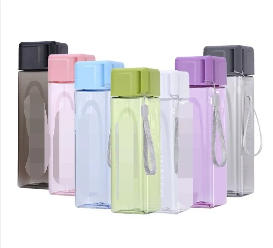 1 Pcs 450ml Transparent Square Plastic Frosted Water Bottles Cup Outdoor Cold Juice Sports with Portable Milk Rope Water Cup