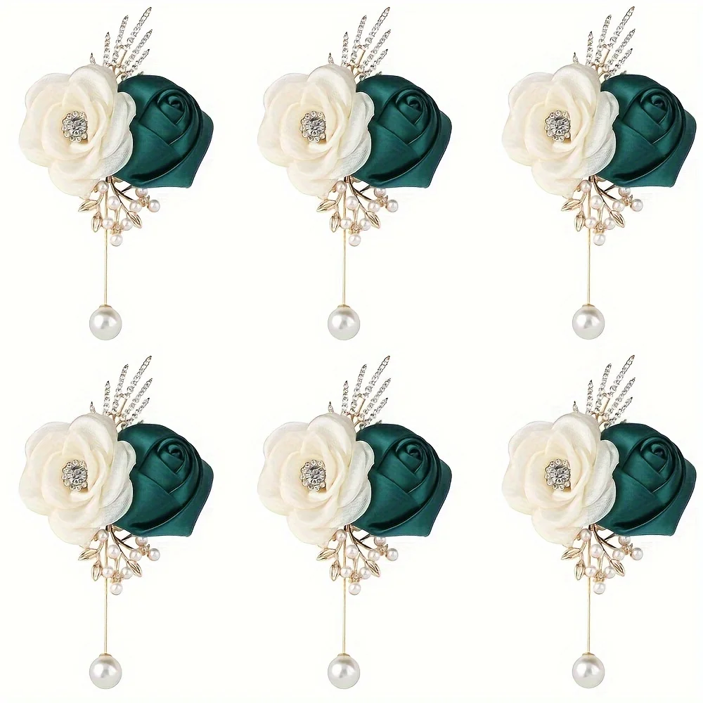 Elegante conjunto de boda de 6 piezas, ramilletes y boutonnieres de muñeca con perlas de imitación rosas de espuma de tela verde, perfecto para novias y damas de honor