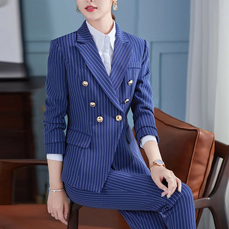 Completo da donna Vintage con risvolto a righe Blazer e pantaloni Set da due pezzi abbigliamento da lavoro formale a maniche lunghe da donna 2024 primavera autunno