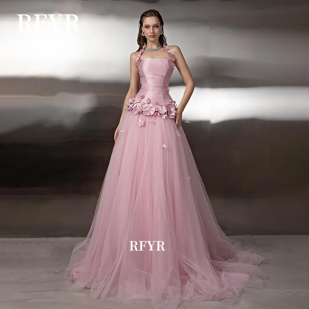 

RFYR Halter Party Dress 3D Flowers Prom Dress Evening Gowns for Women Elegant Celebrity Gala Gowns vestidos Customized