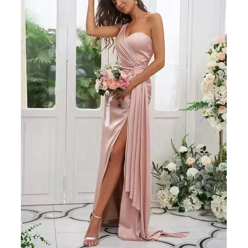 Customized One Shoulder Bridesmaid Dresses Long Mermaid Evening Dresses Satin Slit Wedding Guest Dresses for Women